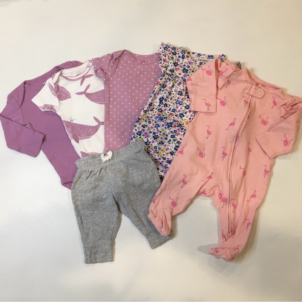 Cute Baby Clothing in Pink, Purple, Blue and Gray 6 pc Bundle
